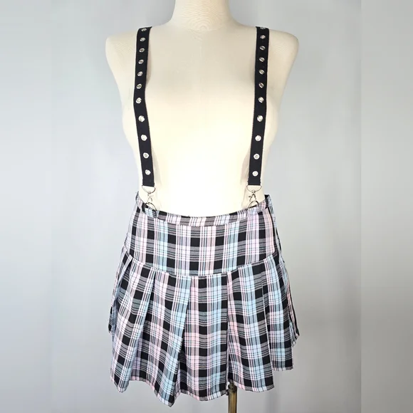 Hot Topic Pastel Plaid Grommet Suspender Pleated Skirt Junior's Size XL - Picture 6 of 7